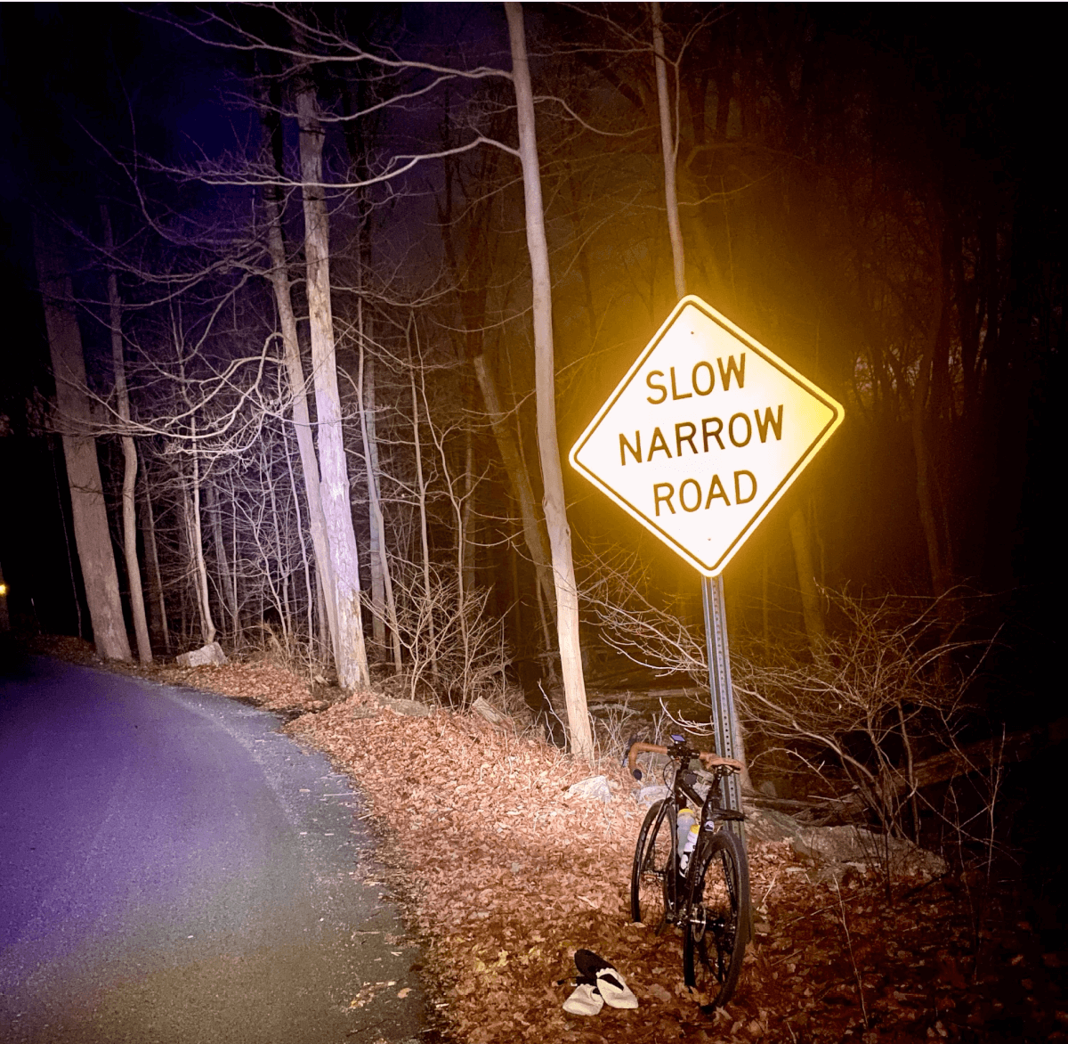 Narrow road sign at night